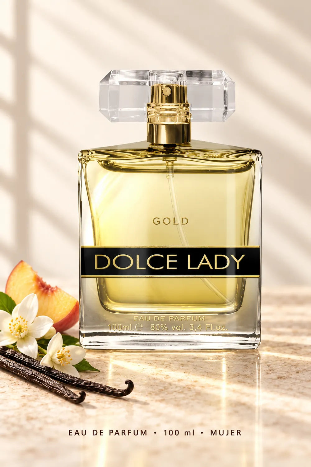 Dolce Lady Gold Eau de Parfum de 100 ml para mujer sobre fondo claro, con melocotón, flores blancas y vainilla.