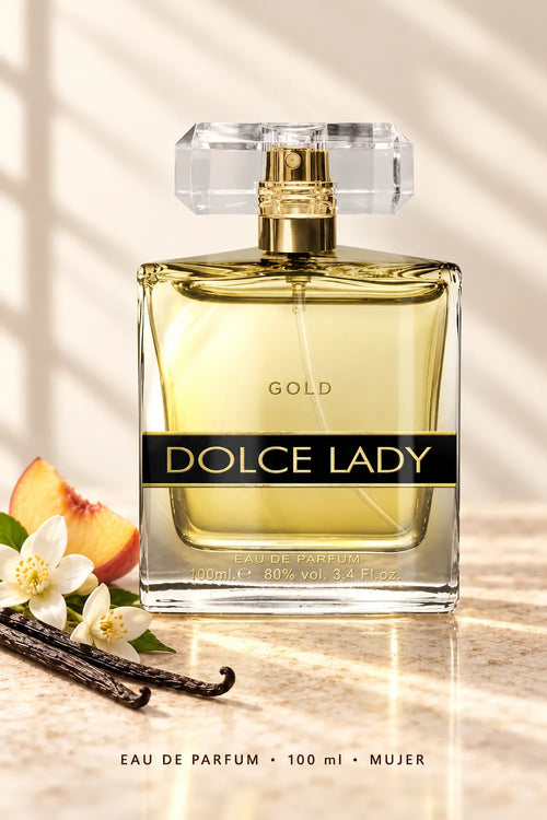 Dolce Lady Gold Eau de Parfum de 100 ml para mujer sobre fondo claro, con melocotón, flores blancas y vainilla.