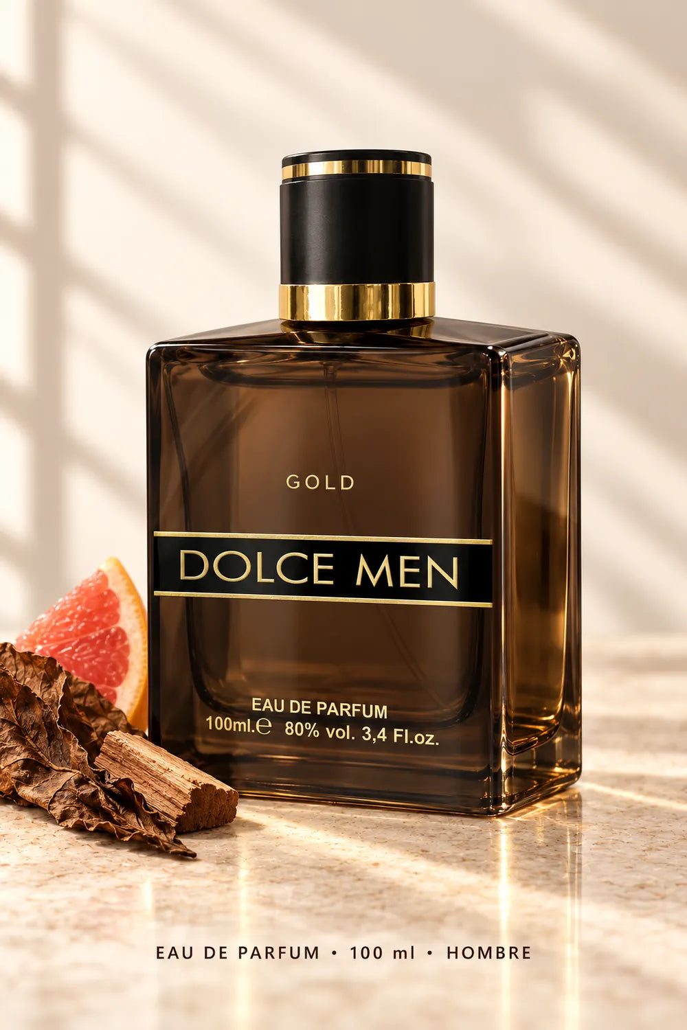 Dolce Men Gold Eau de Parfum de 100 ml para hombre, frasco marrón en perspectiva sobre fondo claro con pomelo, tabaco y cedro.