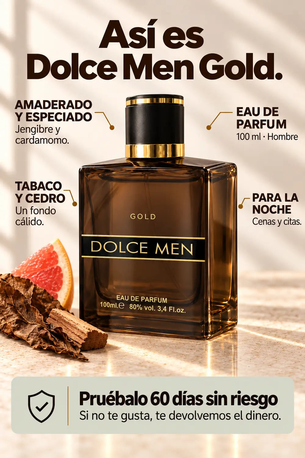 Dolce Men Gold: perfume amaderado y especiado, con tabaco y cedro, Eau de Parfum de 100 ml y prueba de 60 días.