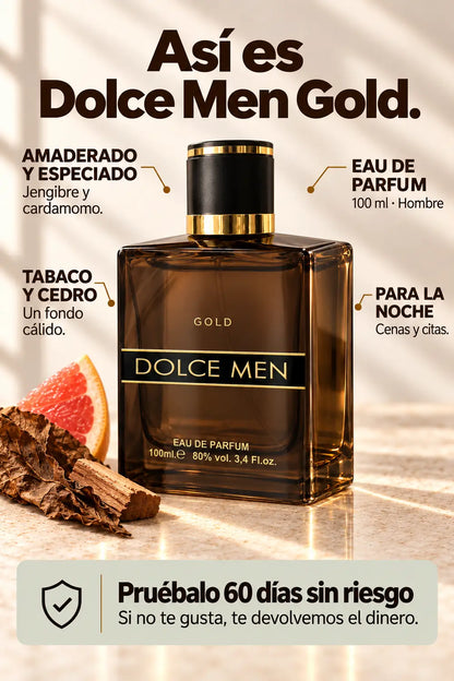Dolce Men Gold: perfume amaderado y especiado, con tabaco y cedro, Eau de Parfum de 100 ml y prueba de 60 días.