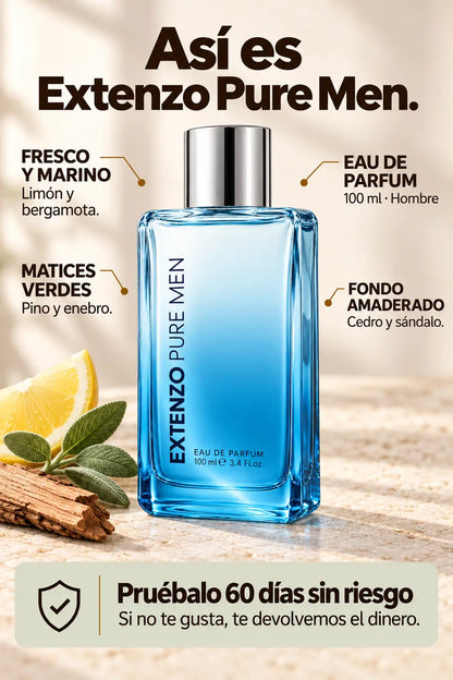 Extenzo Pure Men: frescura marina, matices verdes, fondo amaderado y prueba de 60 días sin riesgo.