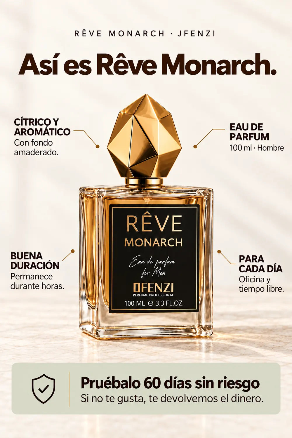 Características de Rêve Monarch y prueba de 60 días sin riesgo.