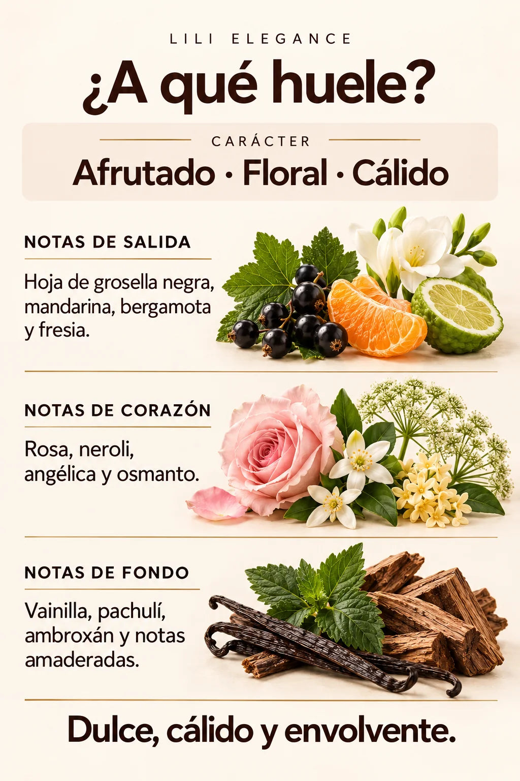 Notas olfativas de Lili Elegance JFenzi: salida, corazón y fondo