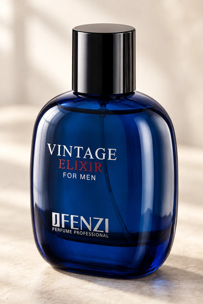 Detalle del frasco azul y el tapón negro de Vintage Elixir JFenzi