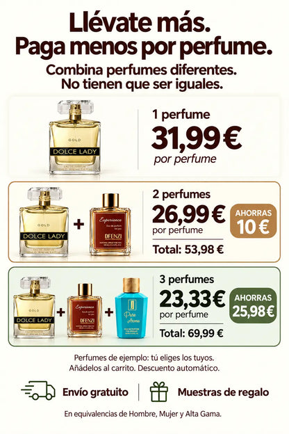 Combina perfumes diferentes: uno por 31,99 €, dos por 53,98 € o tres por 69,99 €, con envío gratuito y muestras de regalo.