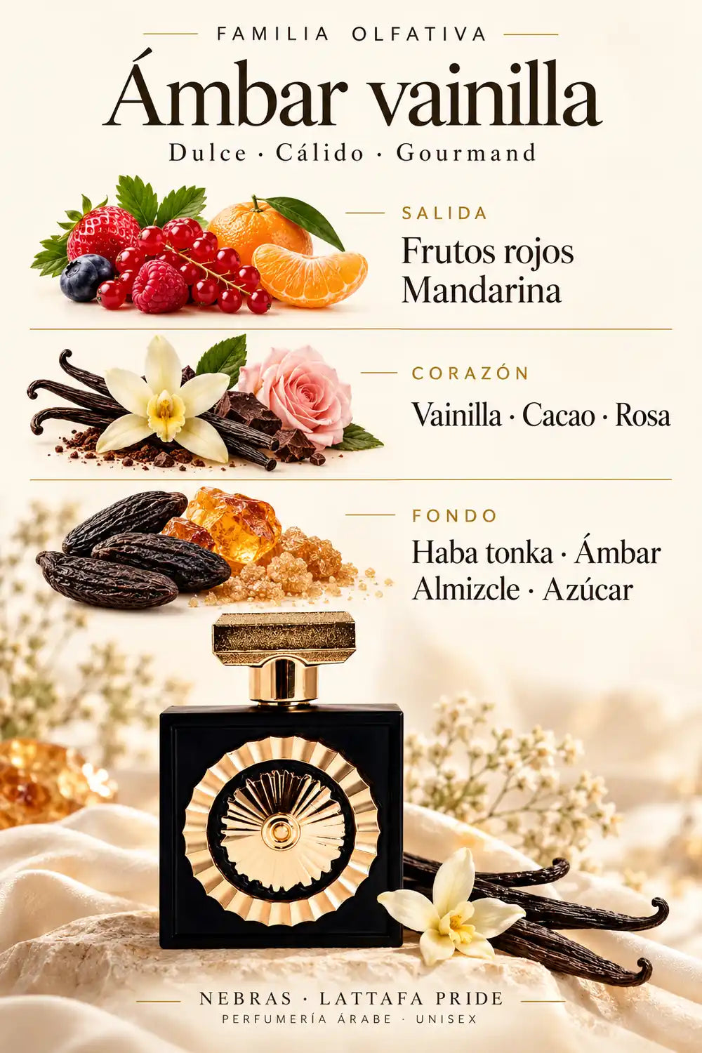 Familia ámbar vainilla de Nebras: salida de frutos rojos y mandarina; corazón de vainilla, cacao y rosa; fondo de haba tonka, ámbar, almizcle y azúcar.