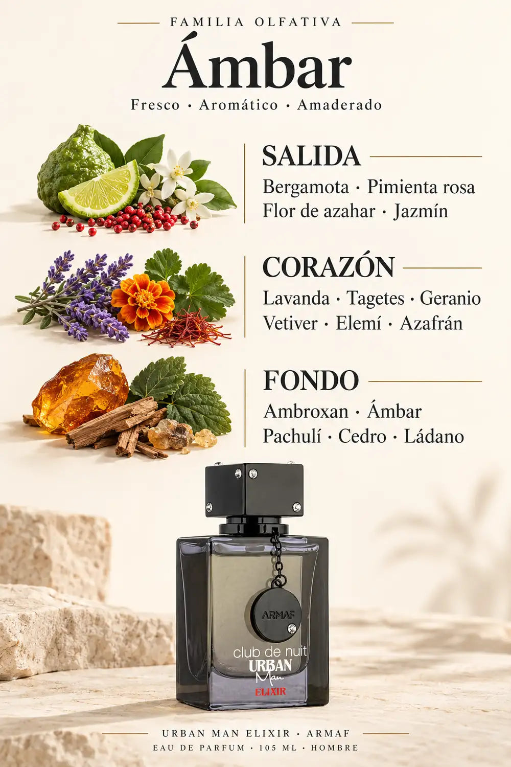 Familia ámbar de Urban Elixir: notas de salida, corazón y fondo con bergamota, pimienta rosa, lavanda, ambroxan, ámbar, pachulí y cedro.