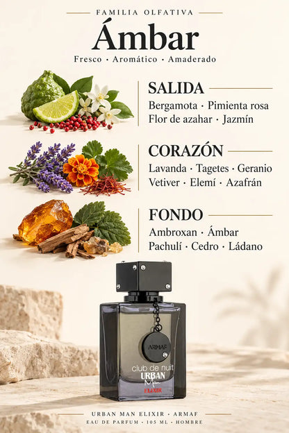 Familia ámbar de Urban Elixir: notas de salida, corazón y fondo con bergamota, pimienta rosa, lavanda, ambroxan, ámbar, pachulí y cedro.