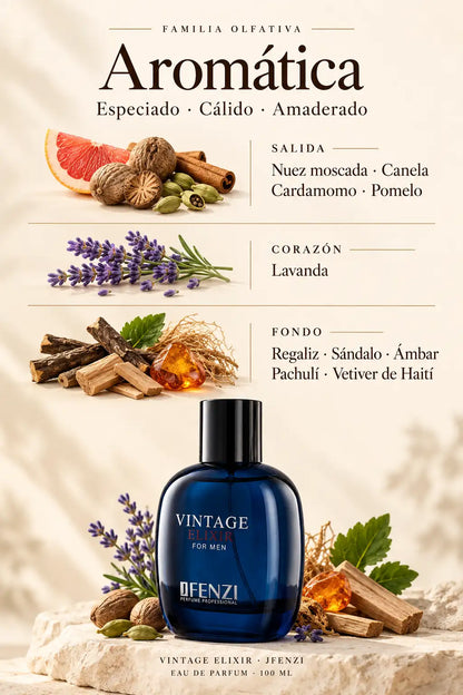 Familia aromática de Vintage Elixir JFenzi: salida de nuez moscada, canela, cardamomo y pomelo; corazón de lavanda; fondo de regaliz, sándalo, ámbar, pachulí y vetiver de Haití