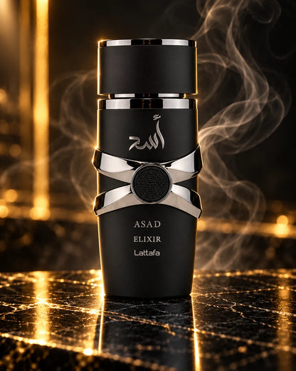 Asad Elixir, frasco con vapor sobre fondo oscuro