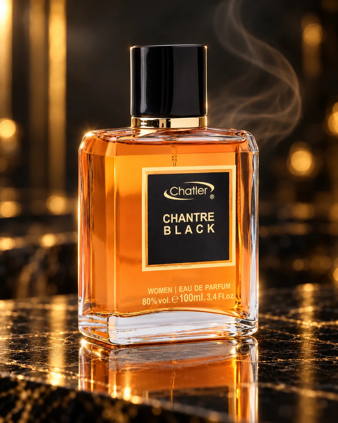 Chantre Black, frasco con vapor sobre fondo oscuro