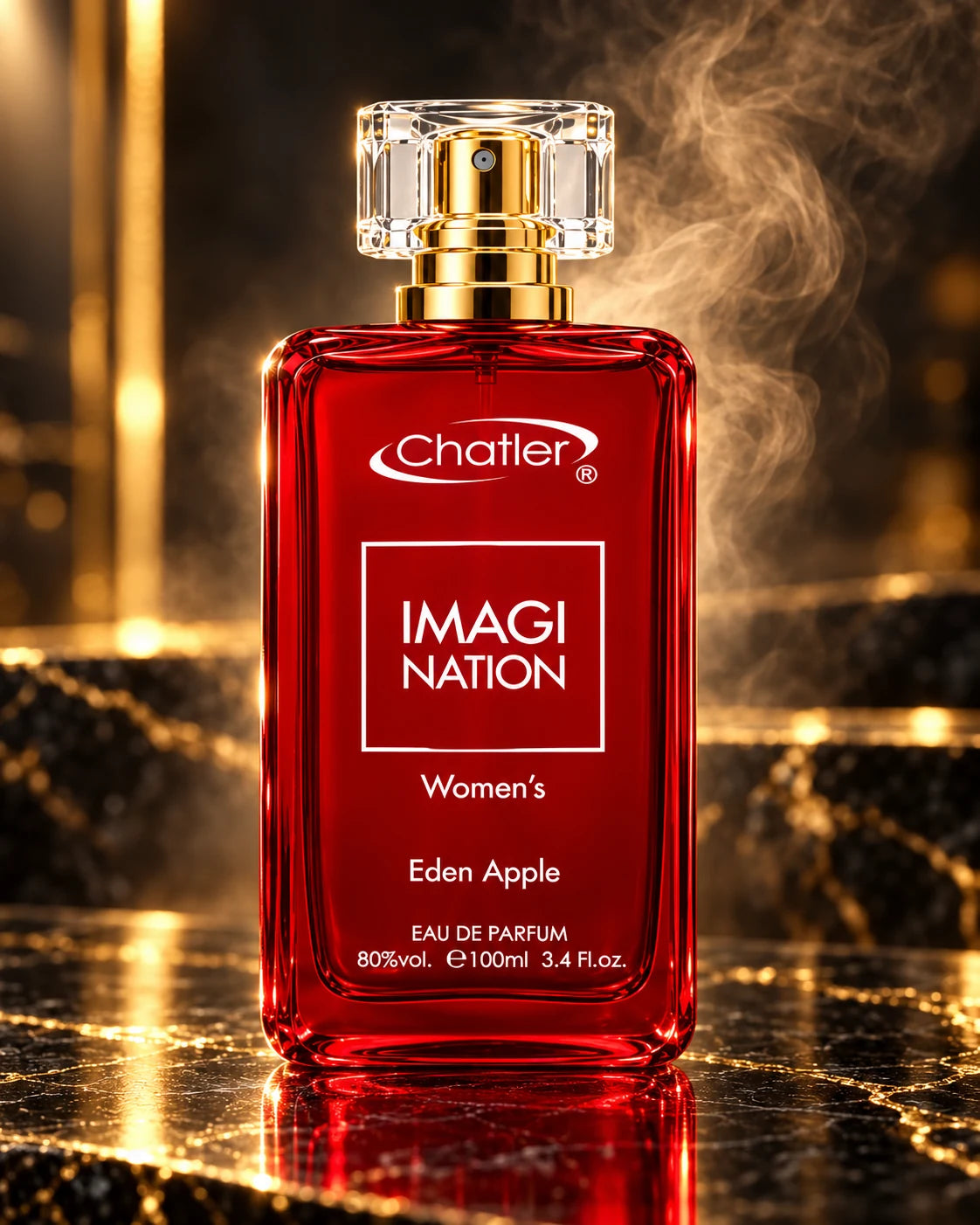 Imagination Eden Apple, frasco con vapor sobre fondo oscuro