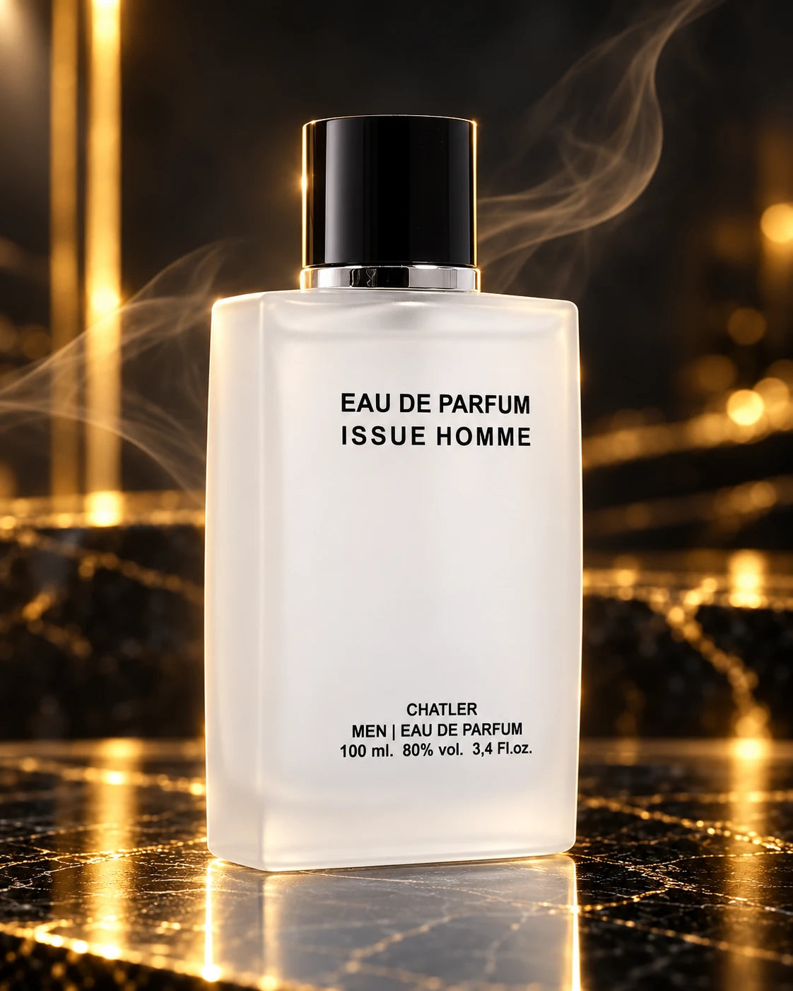 Issue Homme, frasco con vapor sobre fondo oscuro