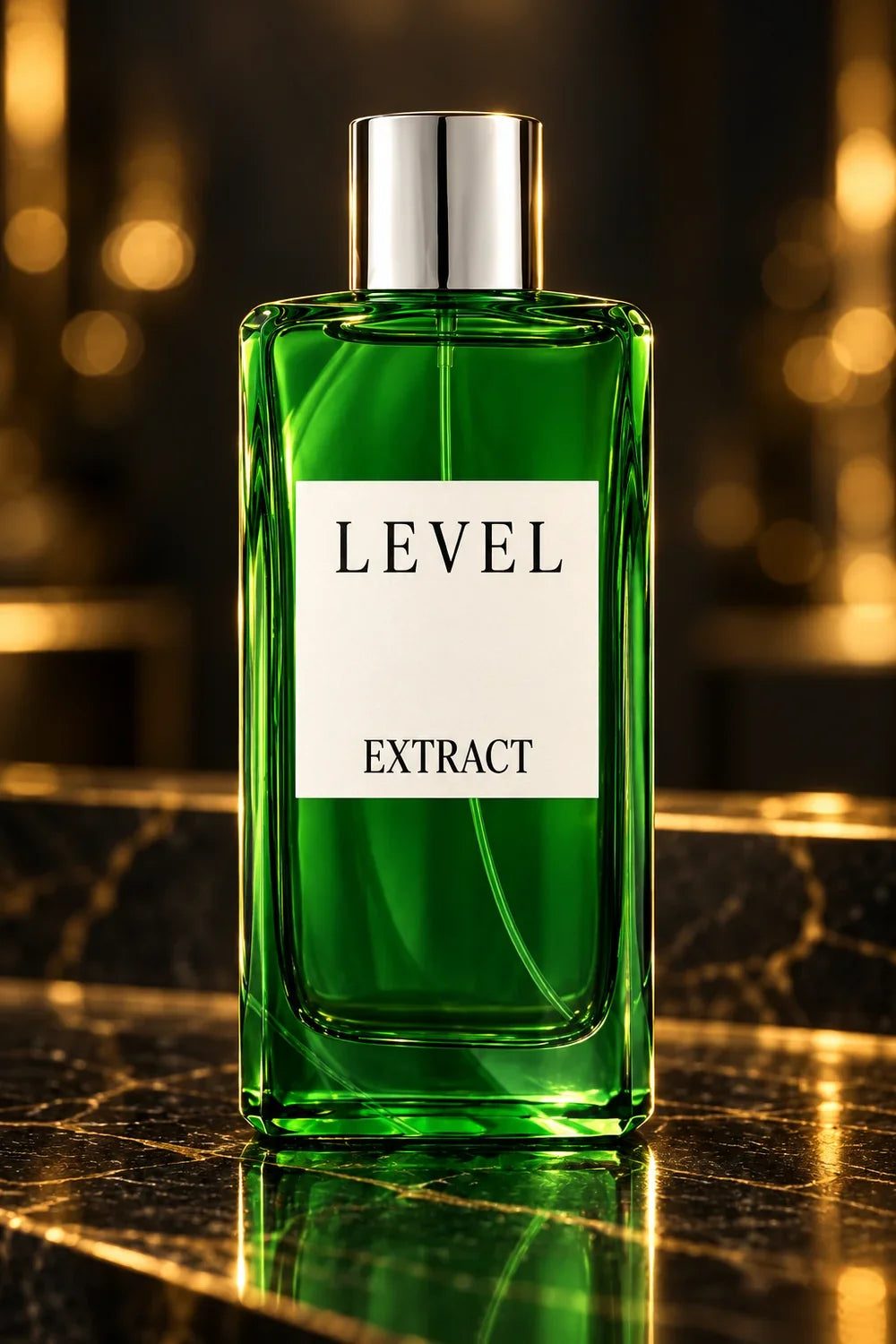 Level Extract Men, frasco sin logotipo sobre mármol negro con luz dorada