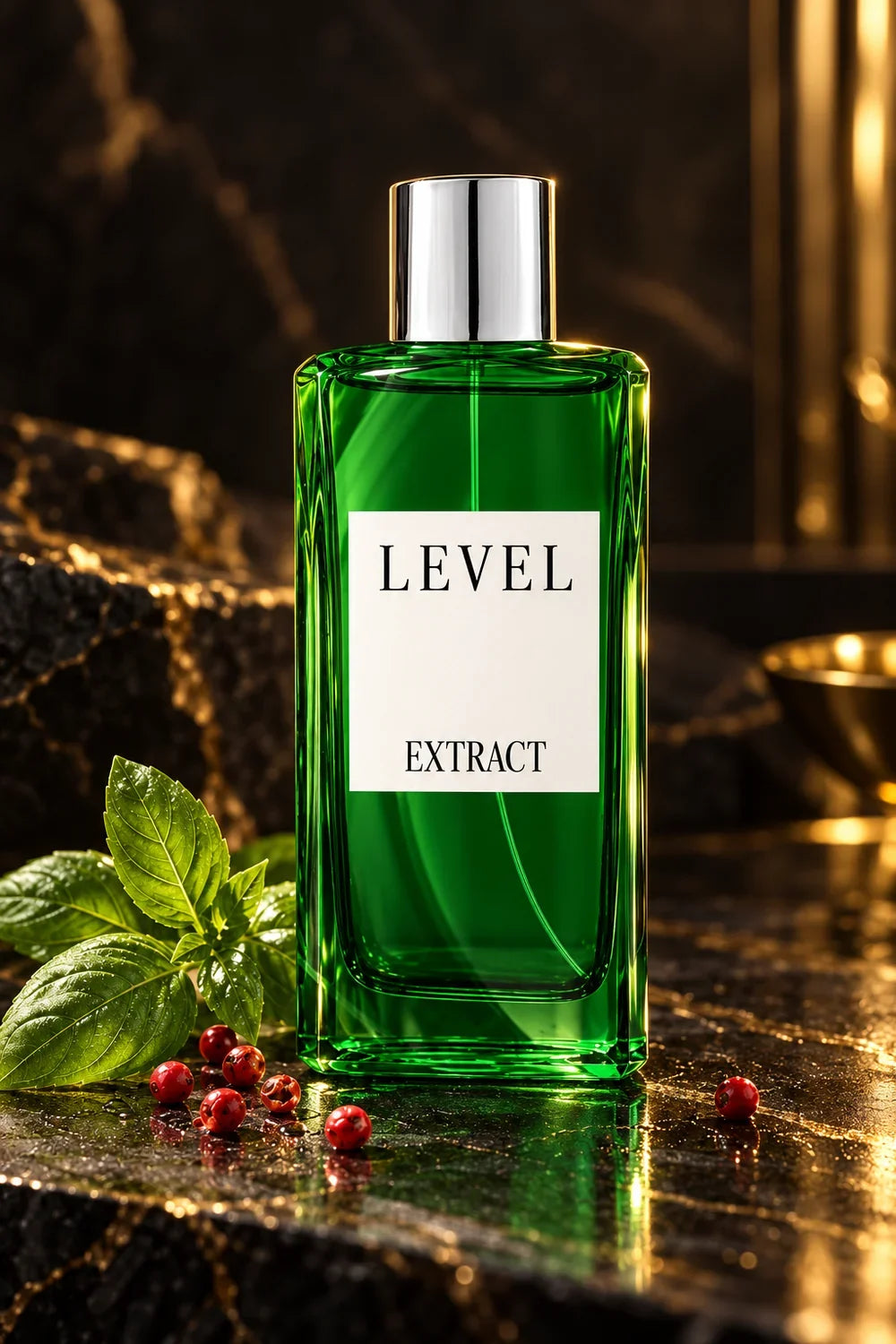 Level Extract Men, frasco sin logotipo con ingredientes aromáticos, fondo negro y luz dorada