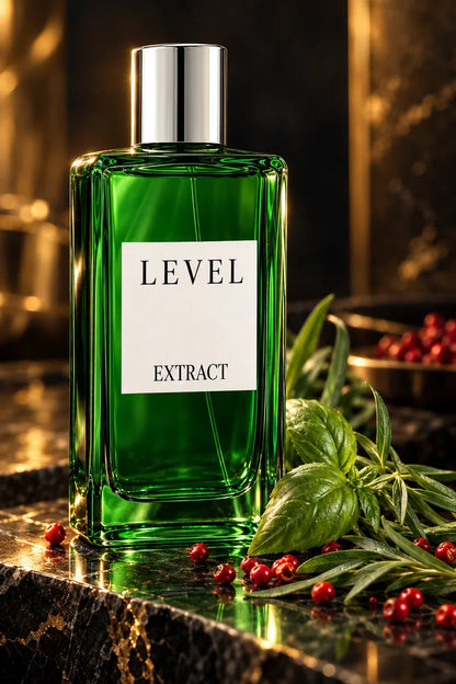 Level Extract Men, fotografía de detalle con notas aromáticas y fondo oscuro