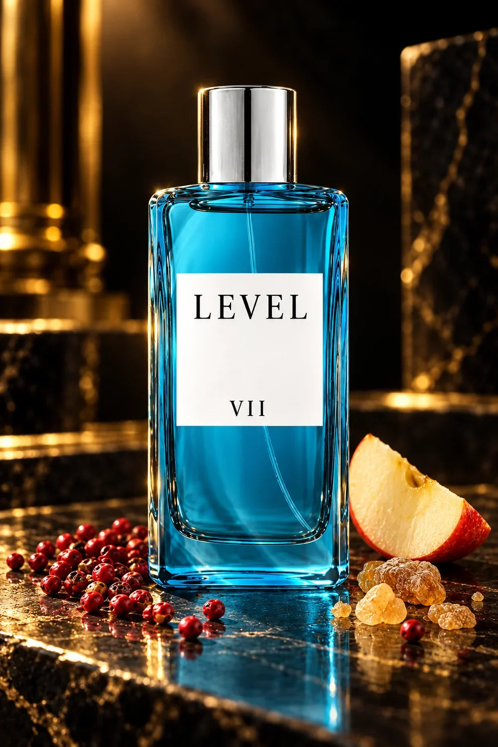 Level VII Men, frasco sin logotipo con ingredientes aromáticos, fondo negro y luz dorada