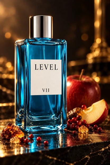 Level VII Men, fotografía de detalle con notas aromáticas y fondo oscuro