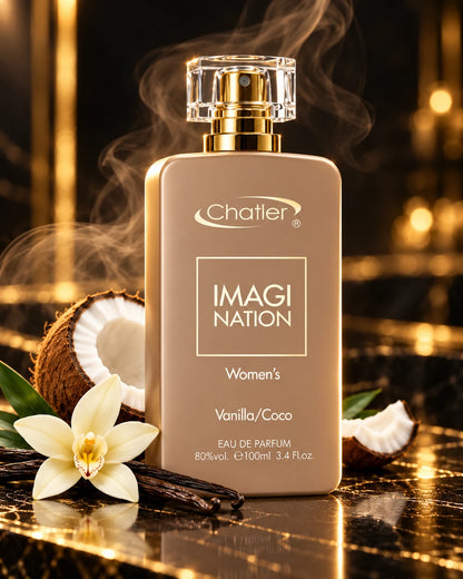 Imagination Vanilla/Coco, frasco con vapor sobre fondo oscuro